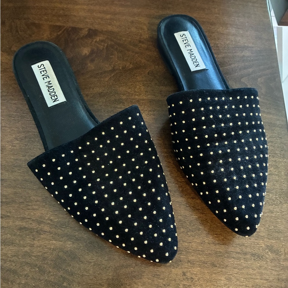 Steve Madden Black and Gold Studded Mules
